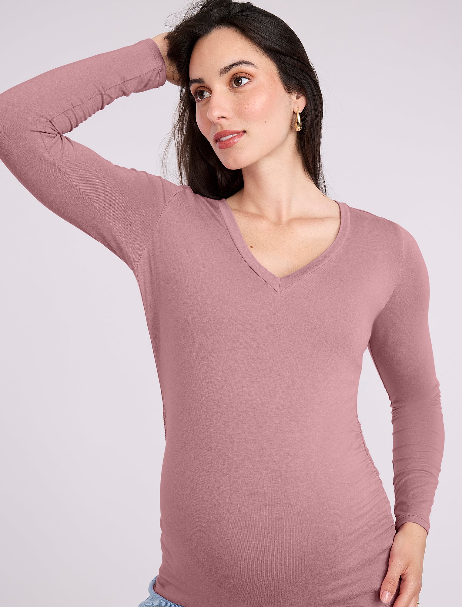 Side Ruched Long Sleeve V-Neck Maternity Tee - Fallshirt