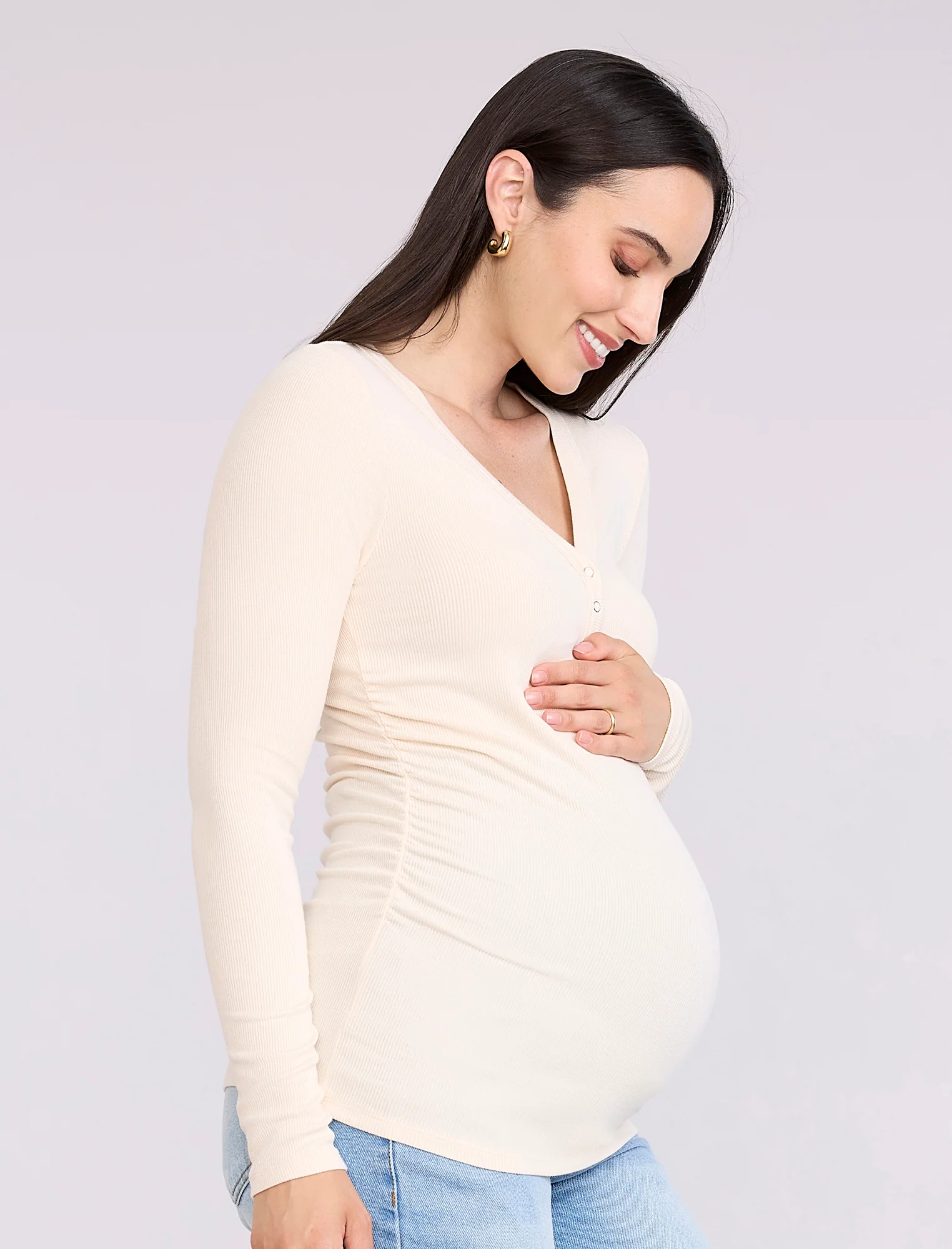 Side Ruched Long Sleeve Henley Maternity Rib Tee - Fallshirt