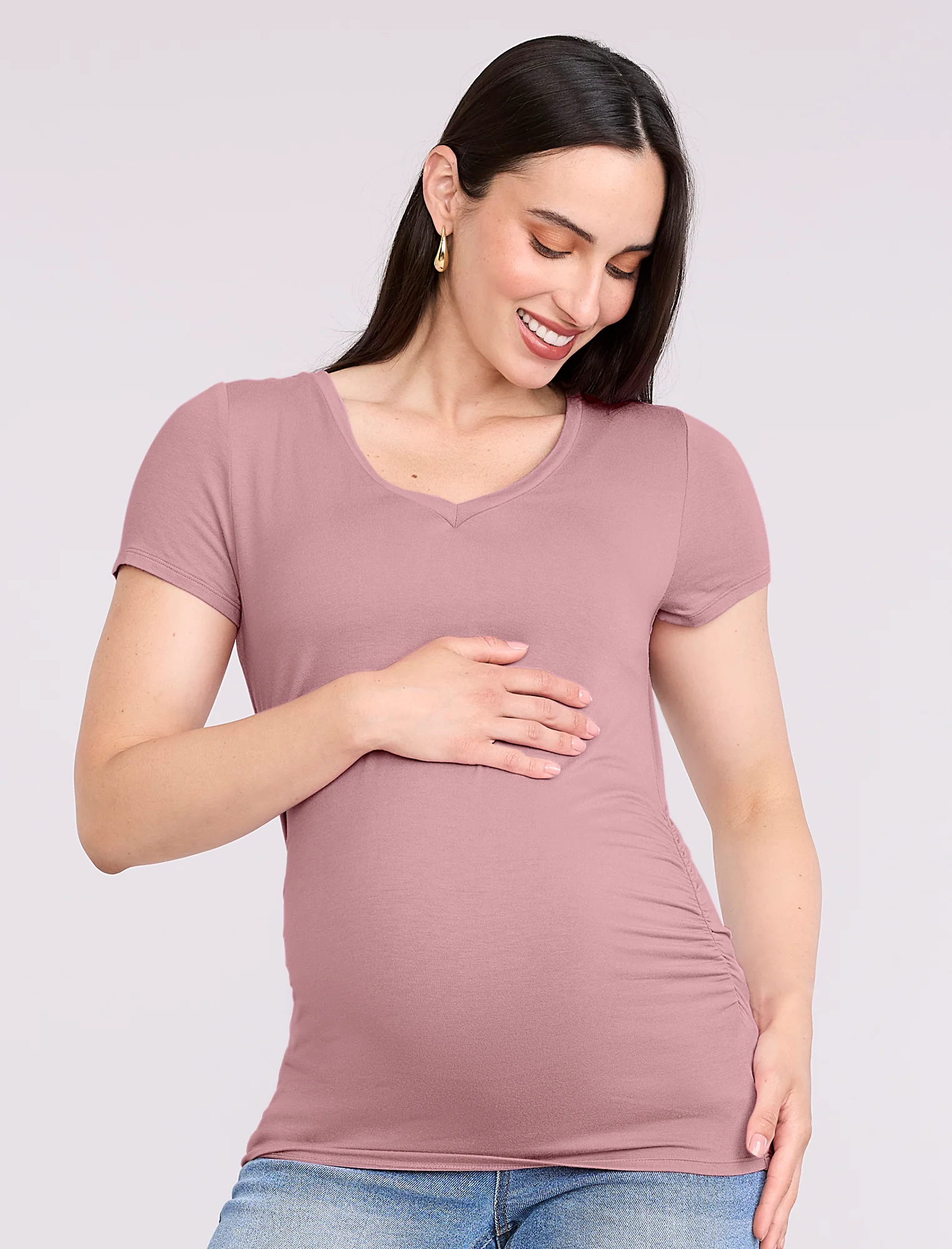 Side Ruched Short Sleeve V-Neck  Maternity Tee - Fallshirt