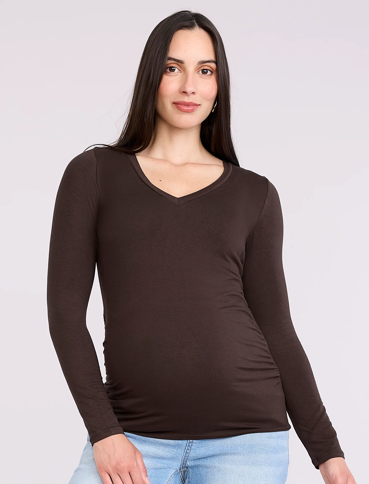 Side Ruched Long Sleeve V-Neck Maternity Tee - Fallshirt