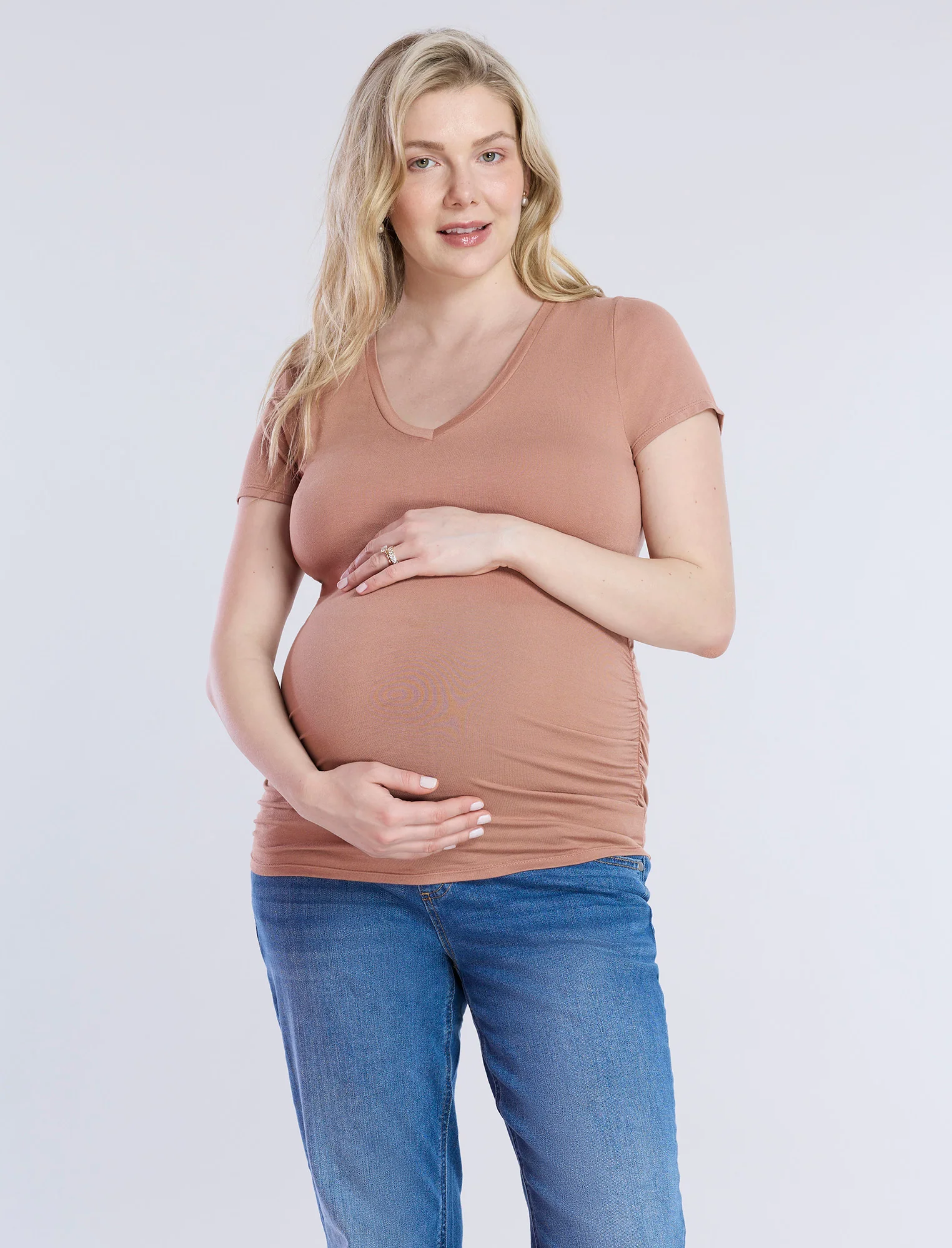 Side Ruched Short Sleeve V-Neck  Maternity Tee - Fallshirt