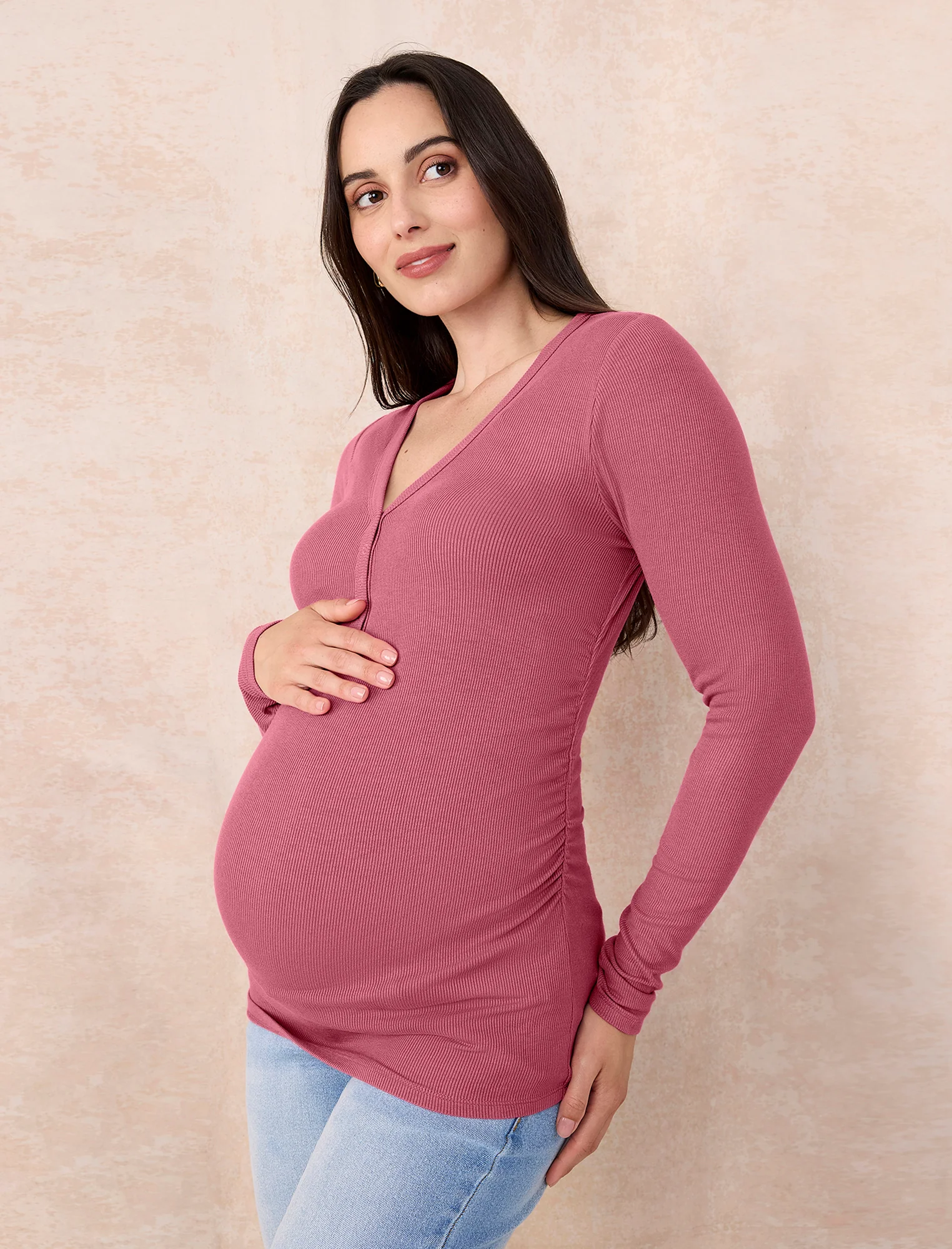 Side Ruched Long Sleeve Henley Maternity Rib Tee - Fallshirt