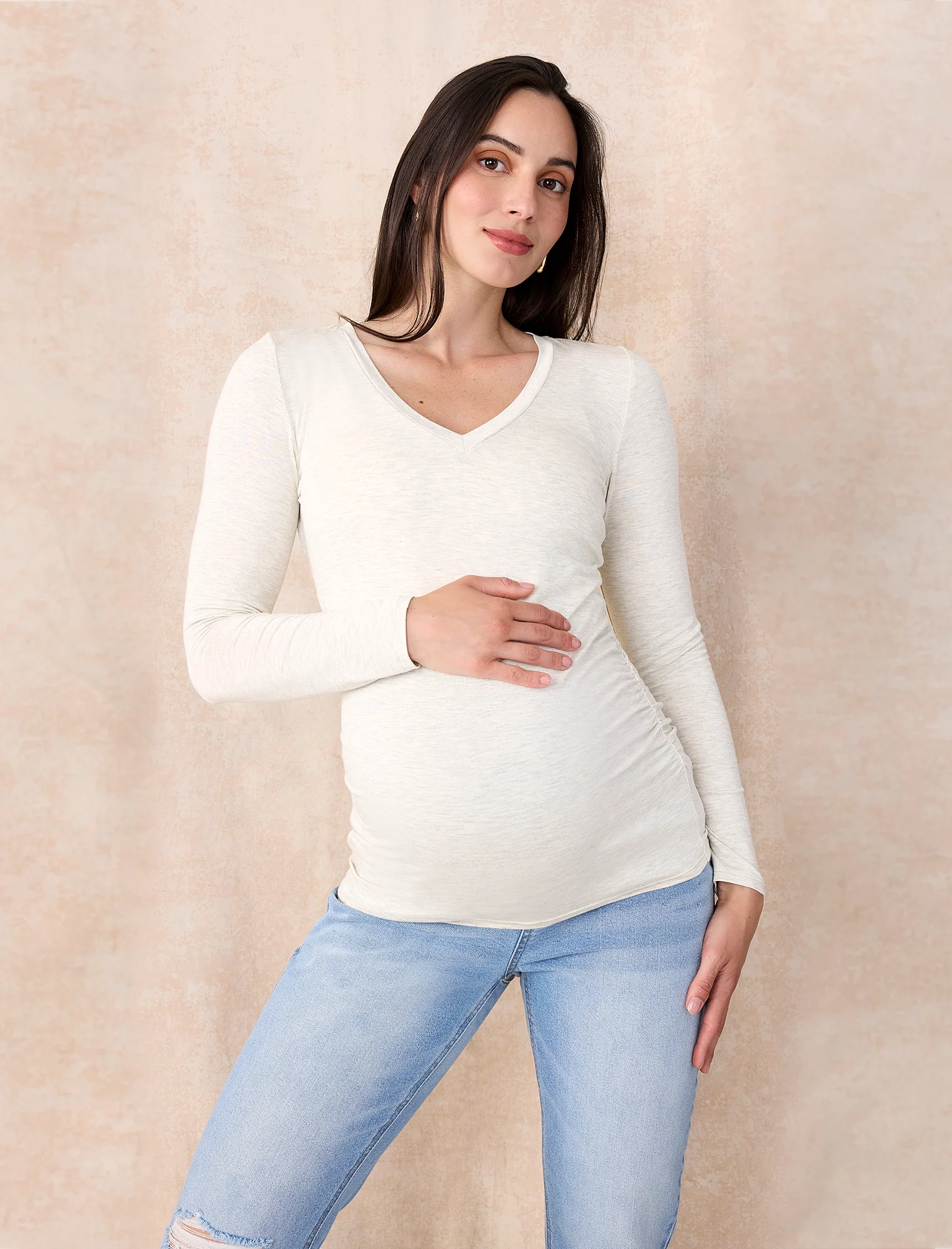 Side Ruched Long Sleeve V-Neck Maternity Tee - Fallshirt